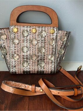 Tory Burch Tweed Tote with Tan Leather Handles and Strap